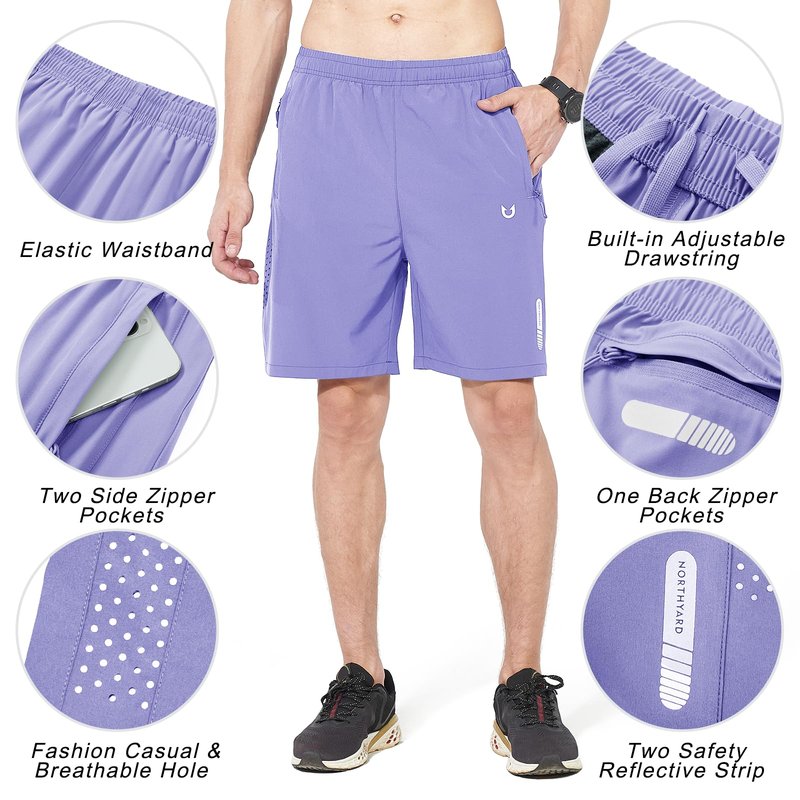 NORTHYARD Men's Athletic Running Shorts Gym Workout 7"/9"/5" Quick Dry Lightweight Sports Basketball Tennis 3 Zipper Pockets Violet 3XL
