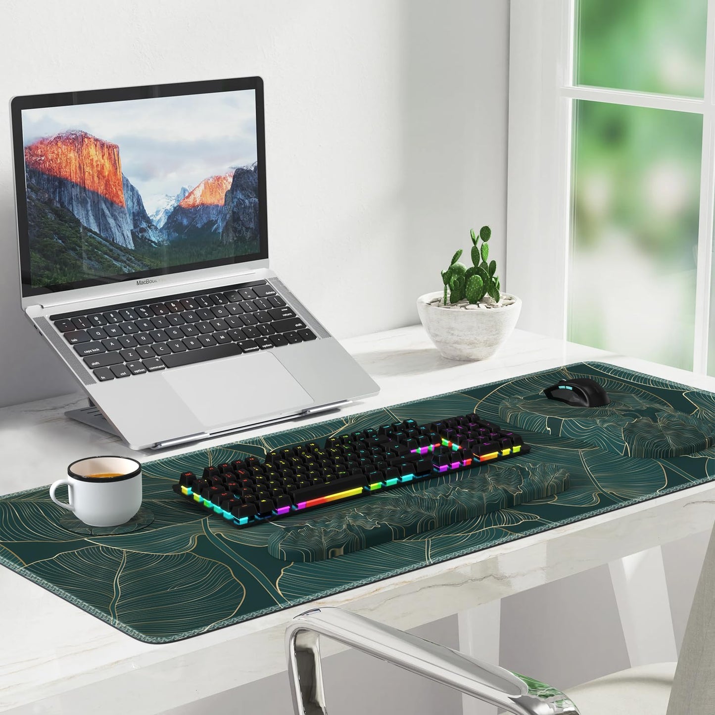 AnyShock 4 in 1Desk Mat for Keyboard and Mouse, Ergonomic Green Mouse Pad with Memory Foam Wrist Rest, Large Desk Pad Mat, Soft Wrist Support for Keyboard (Palm Leaves)