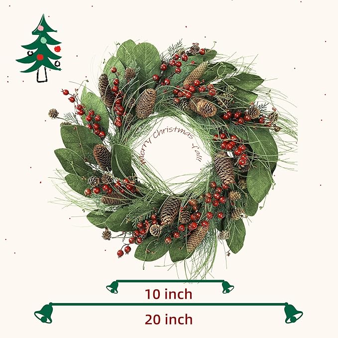 YNYLCHMX 20 Inch Winter Wreath for Front Door, Winter Wreaths with Magnolia Leaves Red Berries Pine Cones, Artificial Door Wreaths for Outdoor Indoor Farmhouse Windows Wall Holiday