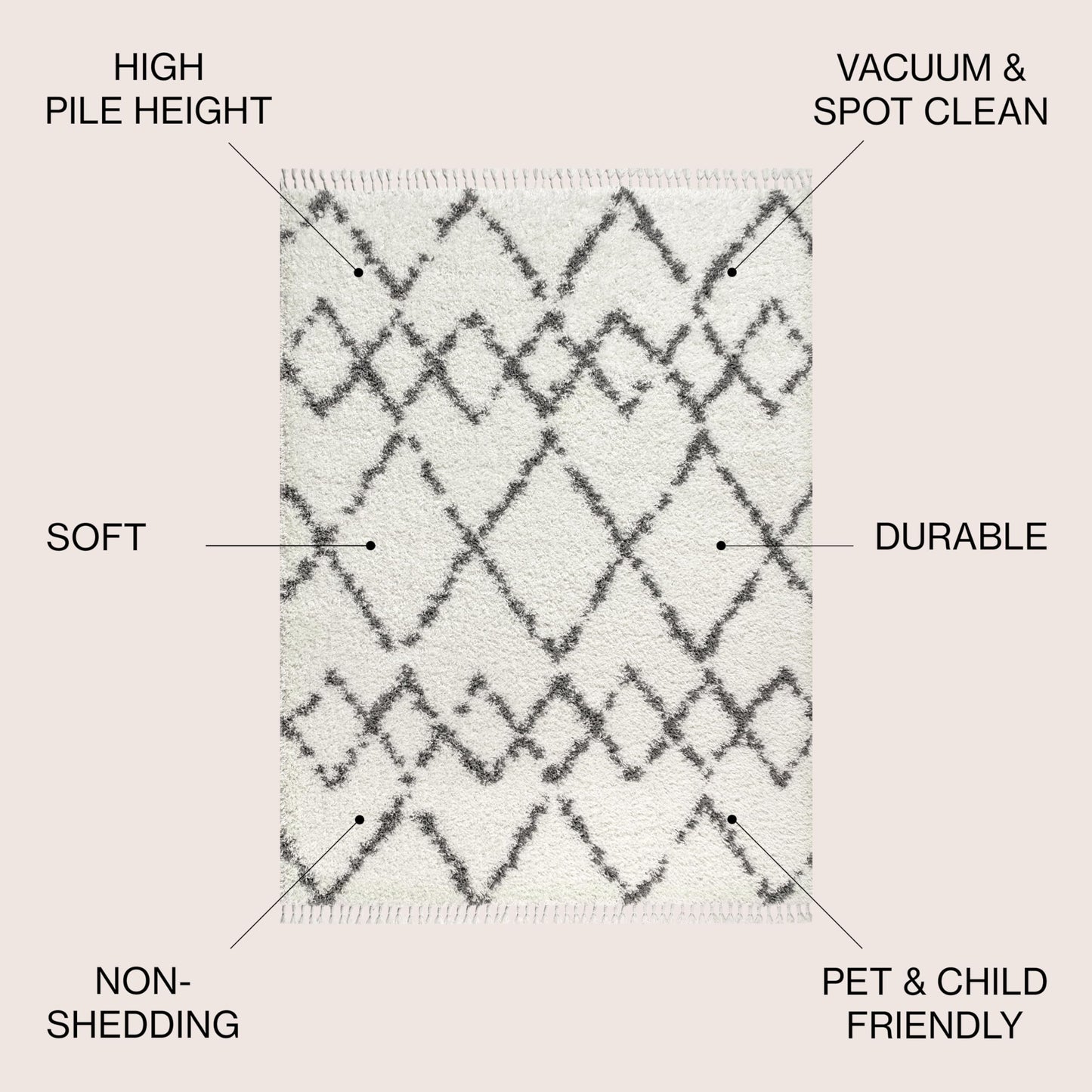 JONATHAN Y Mercer Shag Plush Tassel Ivory/Gray Indoor Area Rug, 8x10, Moroccan Geometric Trellis, Contemporary, Easy-Cleaning for Living Room, Bedroom, Kitchen, Pet Friendly, Non-Shedding (MCR102B-8)