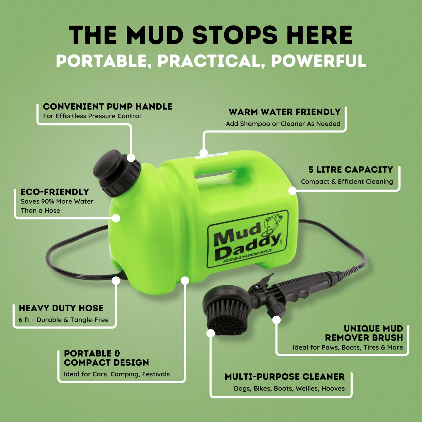 Mud Daddy – Portable Pet Washer, Multipurpose Washing Device, Muddy Walks, Pet Cleaning, Grooming Perfect for Dogs, Horses, Bikes, Shoes, Camping and More – 5 Litre – Green