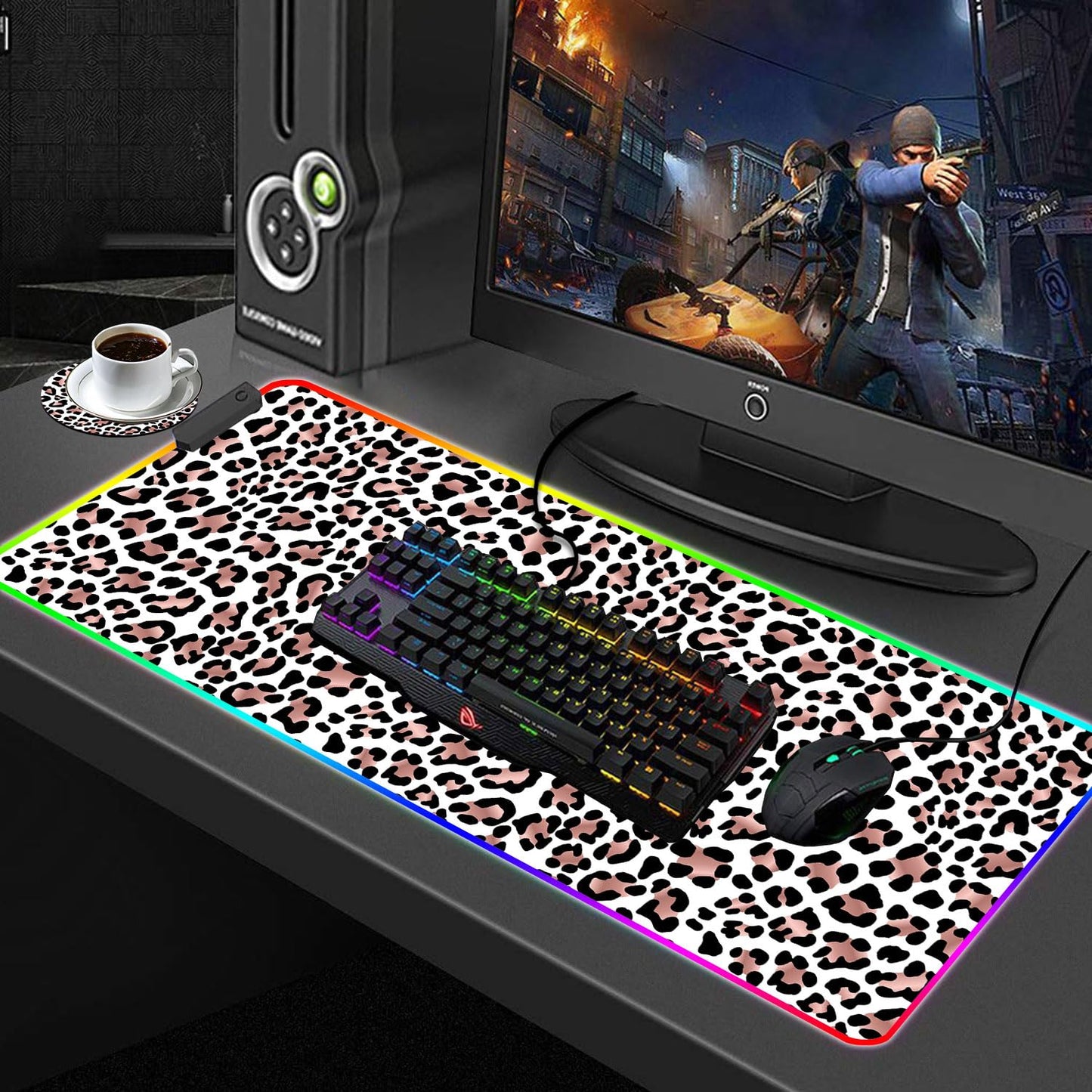 CICPLKSE Customized RGB Gaming Mouse Pad and Coffee Coaster,Large Glowing Led Anti-Slip Rubber Base Computer Keyboard Desk Mouse Mat 31.4x11.8 Inch,Leopard Print