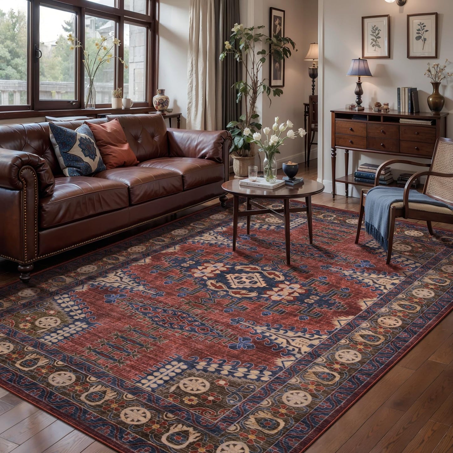 Tangsoo Washable Rug 4x6 Area Rug, Oriental Rug Indoor for Living Room, Non Slip Machine Washable Large Rugs, Soft Print Carpet for Bedroom Dining Room Dorm Office Rust/Tan