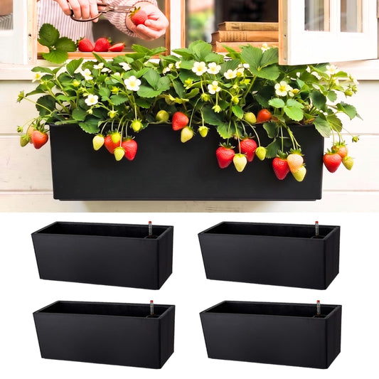 LaLaGreen Wall Hanging Planter Outdoor (4 Pack, 20 Inch) Wall Mounted Self Watering System Window Boxes with Bracket, Black Rectangular Plant Pot Flower Box Container Indoor Modern Herb Kitchen Decor