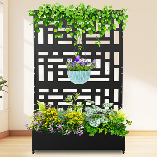 Nexum Metal Planter Box with Trellis & Wheels, 71"x47"x16" Planter Boxes Outdoor with Drainage Holes, Privacy Planters for Patio, Balcony, Backyard, Poolside