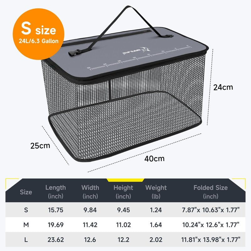 SANLIKE Floating Fishing Basket Collapsible Fishing Net Cage, Rubber Coated Net 24L Fish Basket for Live Caught Fish Minnows Bait Bucket Minnow Trap, Grey