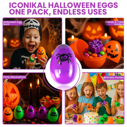 Iconikal 72-Count Halloween Eggs - Durable Plastic Holiday Treat Containers in Orange, Neon Green, and Purple Featuring 6 Different Fun Designs (2.3 x 1.6)