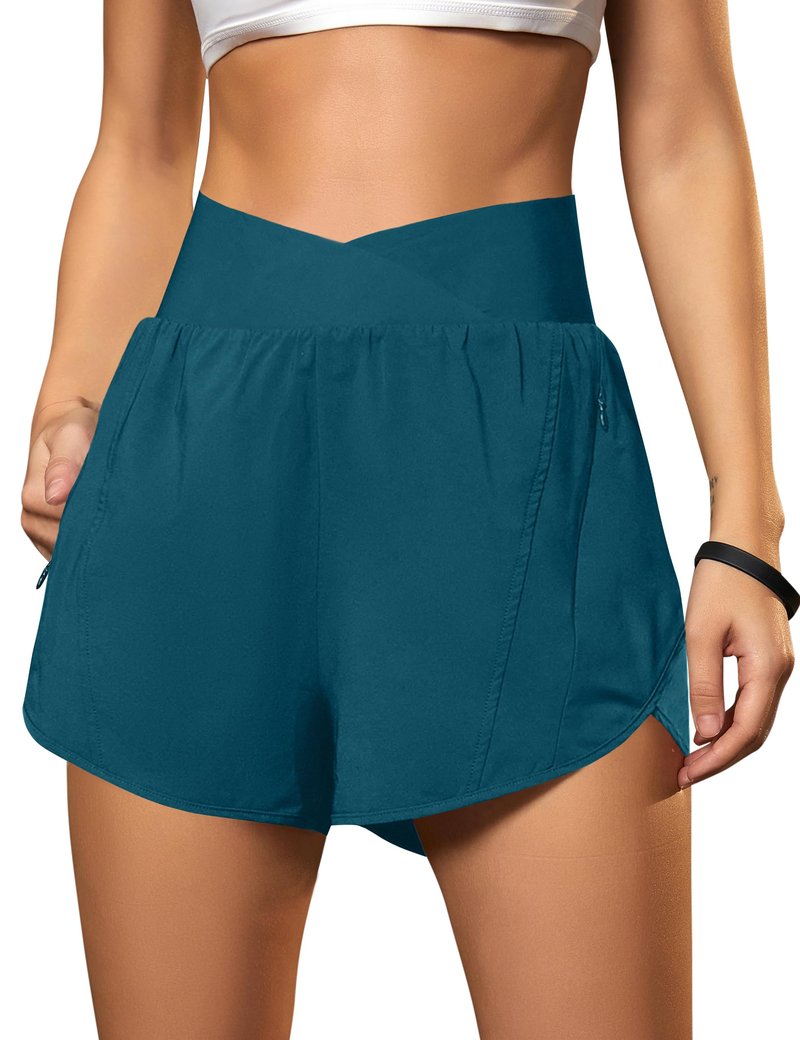 Blooming Jelly Women's Workout Shorts Athletic Running Casual Summer Quick Dry Gym Active Shorts with Zipper Pocket (Dark Cyan,Large)