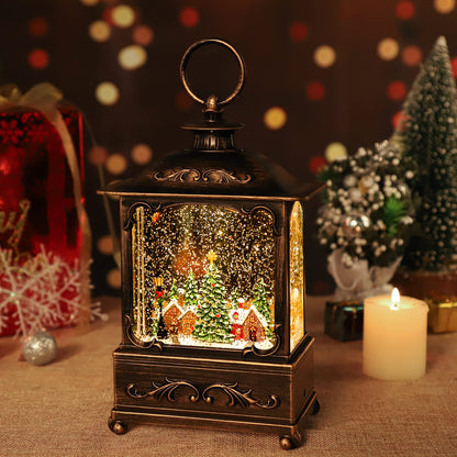 Christmas Village Snow Globe Lantern,Christmas Decorations Indoor Water Lantern Swirling Glittering with Music & Timer, USB/Battery Operated Lighted Lanterns for Home Decor Gifts (Forest House)