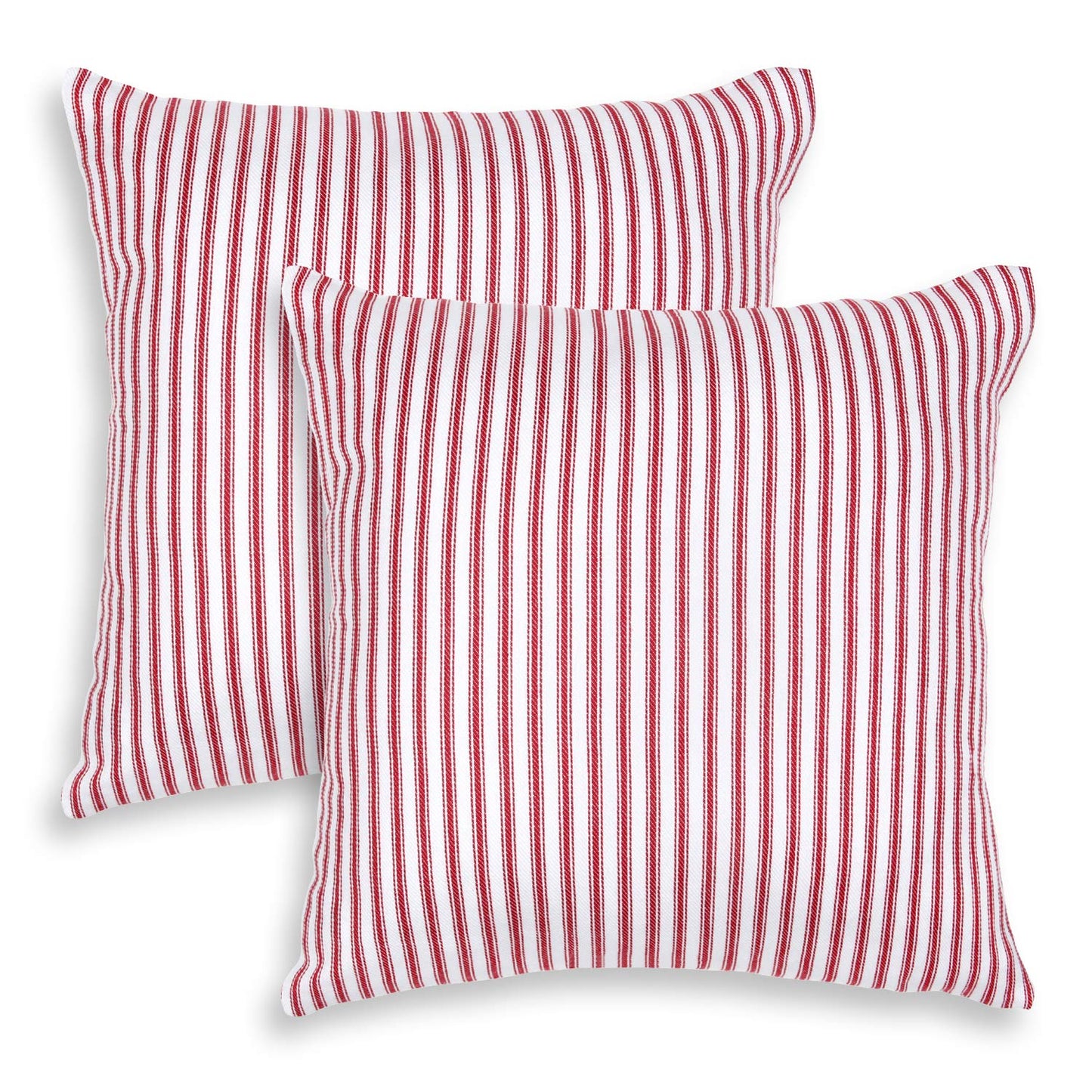 Cackleberry Home Red and White Ticking Stripe Woven Cotton Decorative Square Throw Pillow Case Covers 20 x 20 Inches, Set of 2