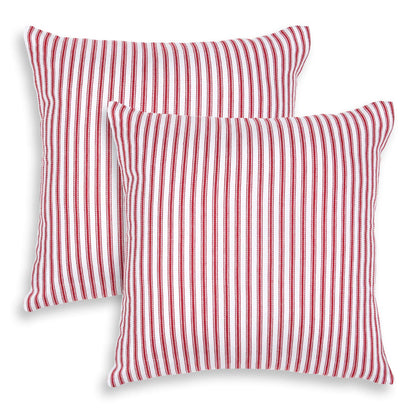 Cackleberry Home Red and White Ticking Stripe Woven Cotton Decorative Square Throw Pillow Case Covers 20 x 20 Inches, Set of 2