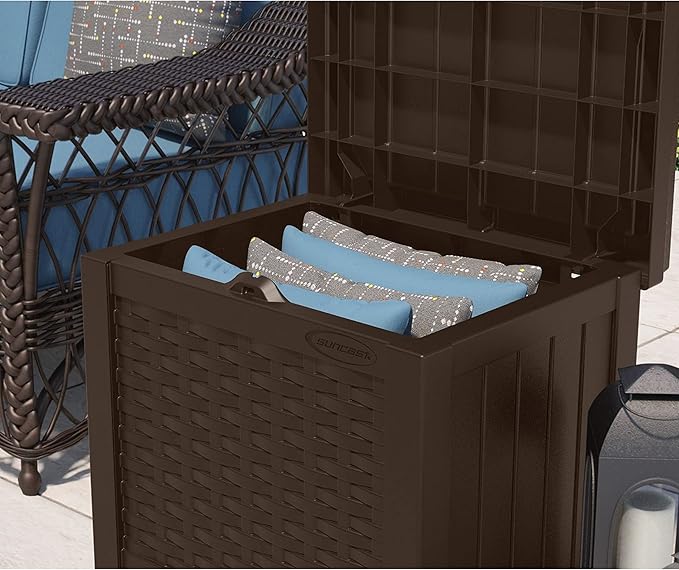 Suncast Small Outdoor Storage Box - 22 Gallon Java Resin Outdoor Deck Box, Flat-Lid Bench Seating, Patio Storage Bin Container for Organizing Toys, Tools, Cushions for Porch, Deck, Pool, & Garden