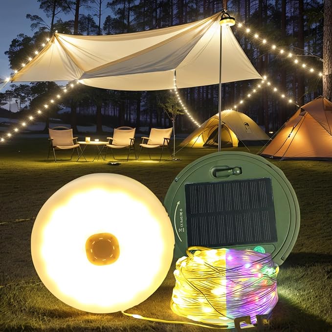 Camping String Lights Solar USB Rechargeable, Retractable String Lights Camping 4 in 1 Led Roll Up Waterproof Outdoor Hanging Fairy Lights 33FT with 8 Modes for Tent Garden Party Festival