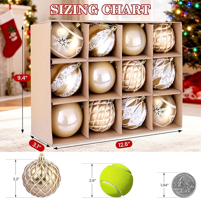 EveryMerry 12-Pack 3.15 Inch Christmas Ornaments Set - Champagne White Ornament Balls with 5 Various Designs with Strings, Sturdy, Kraft Box with Lid for Xmas Tree, Holiday Party & Home Decor