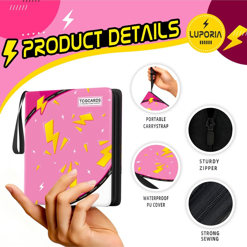 Trading Card Binder 4 Pocket,400 Pocket Card Collection Binder with 50 Removable Sleeves,PU Waterproof Top Card Book,3-Ring Zipper Collectible Trading Card Album for MTG/TCG/Card Holder Gift（Pink）