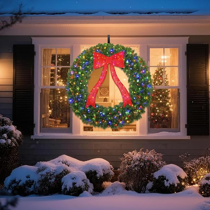 48in Christmas Wreath, 250 LED Lights (Warm White & Color, 10 Lighting Modes), Glowing Red Bow, 714 PVC Branch Tips, Power Plug-in, with Hooks, Holiday Decoration, Outdoor Door Decoration
