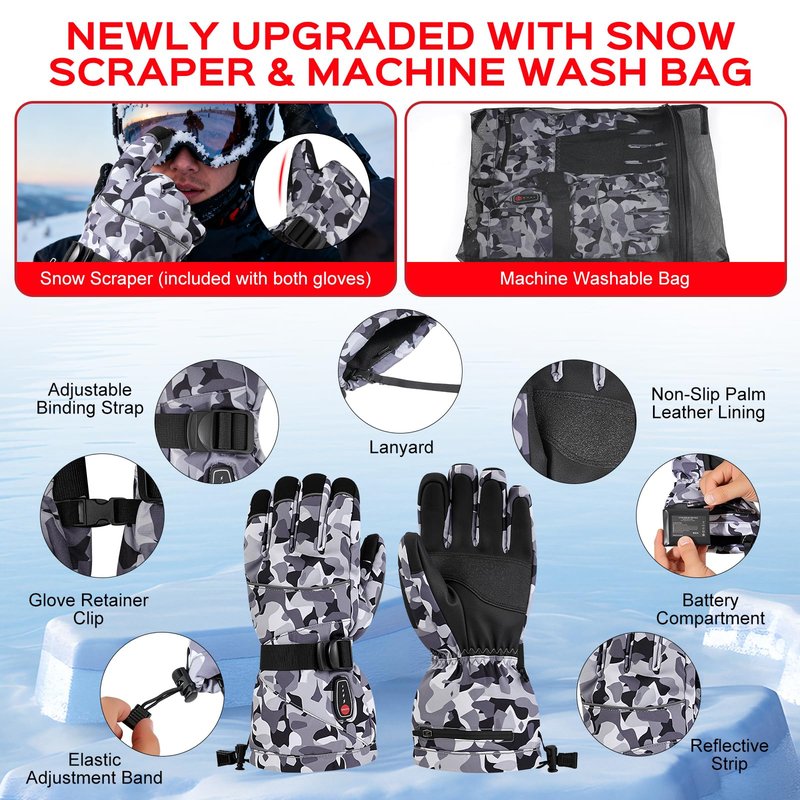 Acroutro Heated Gloves for Men&Women, 5-Temp Settings Camouflage Rechargeable with 7.4V 6400mAh Rechargeable Battery, Waterproof Touchscreen Winter Gloves for Skiing,Motorcycle, Work, Hunting（L）