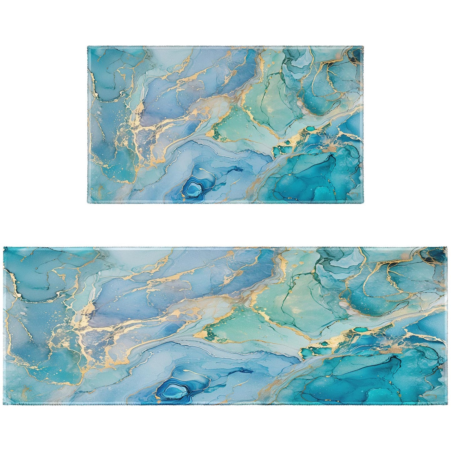 Teal Kitchen Rugs Sets of 2 Non Slip Blue Gold Turquoise Marble Kitchen Mats for Floor with Rubber Backing Washable Kitchen Runner Rug Carpet 17"x47"+17"x30" for Hallway Laundry