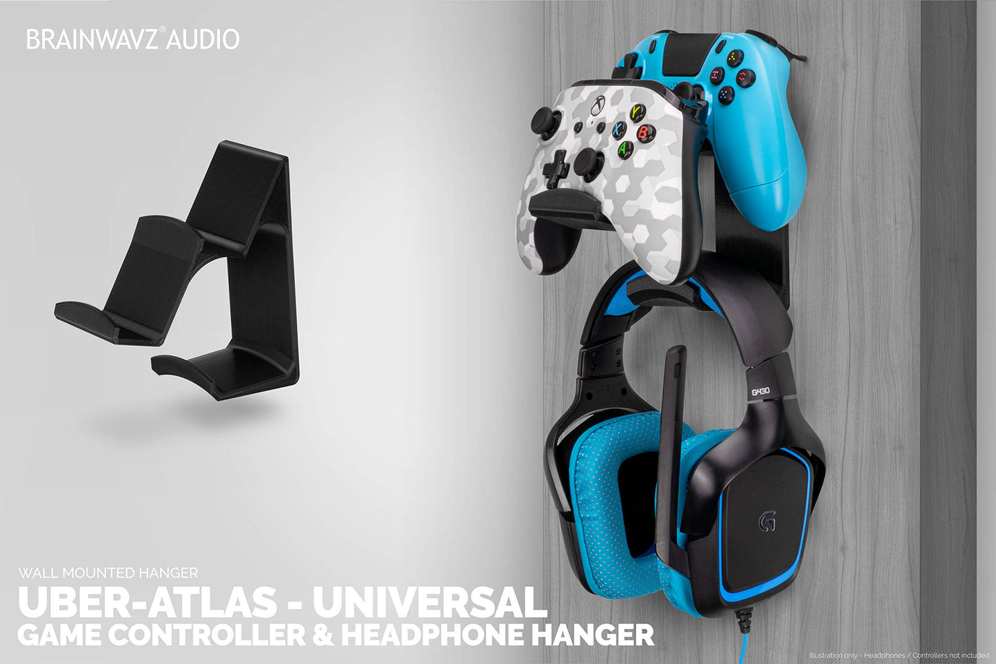 BRAINWAVZ The UberAtlas Dual Game Controller & Headphone Stand Wall Mount Holder for Xbox ONE, Series X, PS5, PS4, PS3, Switch, STEELSERIES Gamepad & More, Stay Organized No Screws