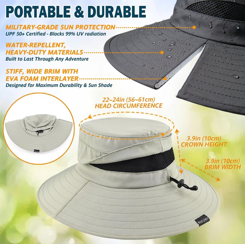 Men's UPF 50+ Waterproof Wide Brim Boonie Hat, Sun & Rain Protection Beige