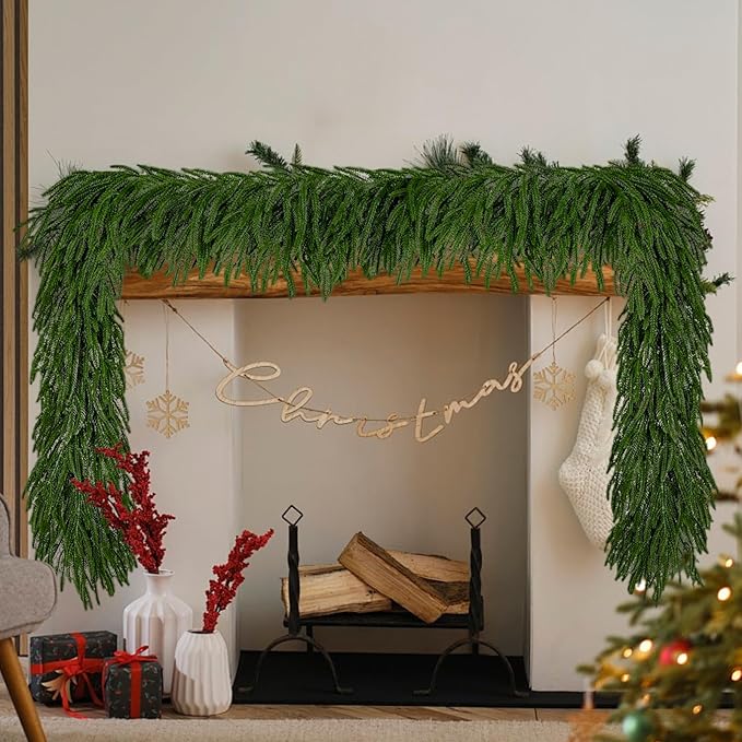 9 Ft 2 Pcs Norfolk Pine Christmas Garland - Artificial Faux Pine Needles Real Touch Winter Garland - Indoor/Outdoor Holiday Greenery Garlands for Fireplace Mantle, Staircase, Window Decor