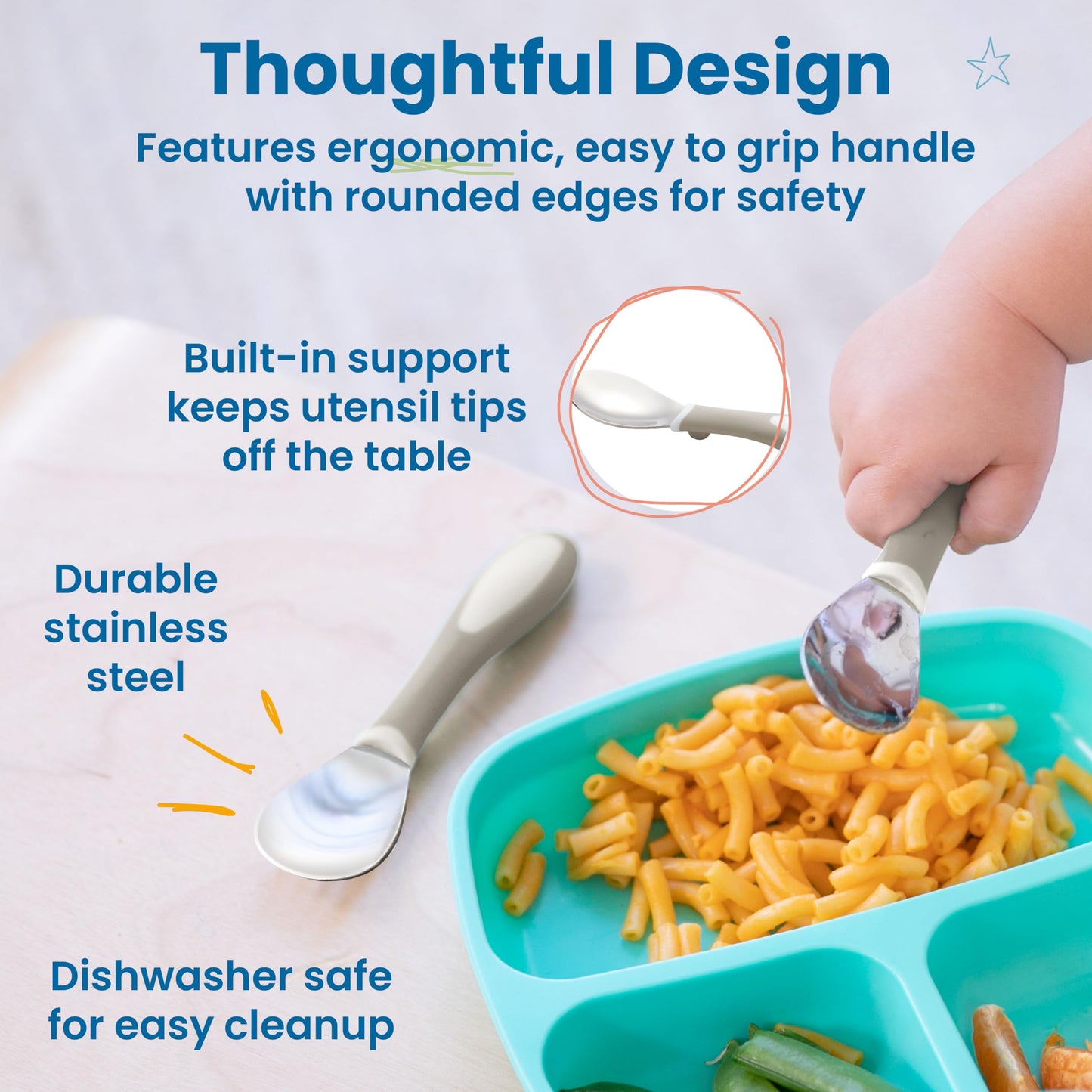 ECR4Kids My First Meal Pal Stainless Steel Spoons, Toddler Silverware, White, Light Grey, 3-Pack