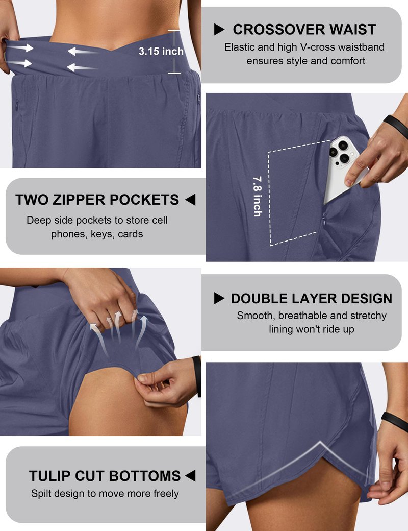 Blooming Jelly Women's Workout Shorts Athletic Running Elastic High Waisted Black Gym Yoga Shorts with Zipper Pockets (Bluish Grey,Medium)