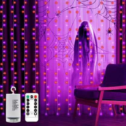 echosari Halloween Curtain Lights Battery Operated, 300 LED Purple Orange Fairy Curtain Lights 9.8Ft x 9.8Ft Hanging Lights with Remote Timer for Party Garden Yard Decor