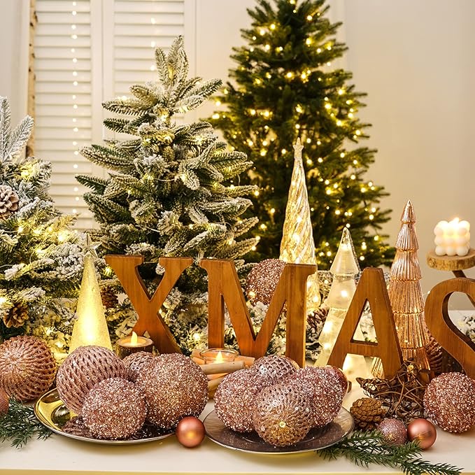 3.15" Christmas Ball Ornaments Glitter Shatterproof Christmas Tree Ornaments Sequin Xmas Hanging Balls Decorations for Wedding Party Holiday(Rose Gold, 12pc-8cm)