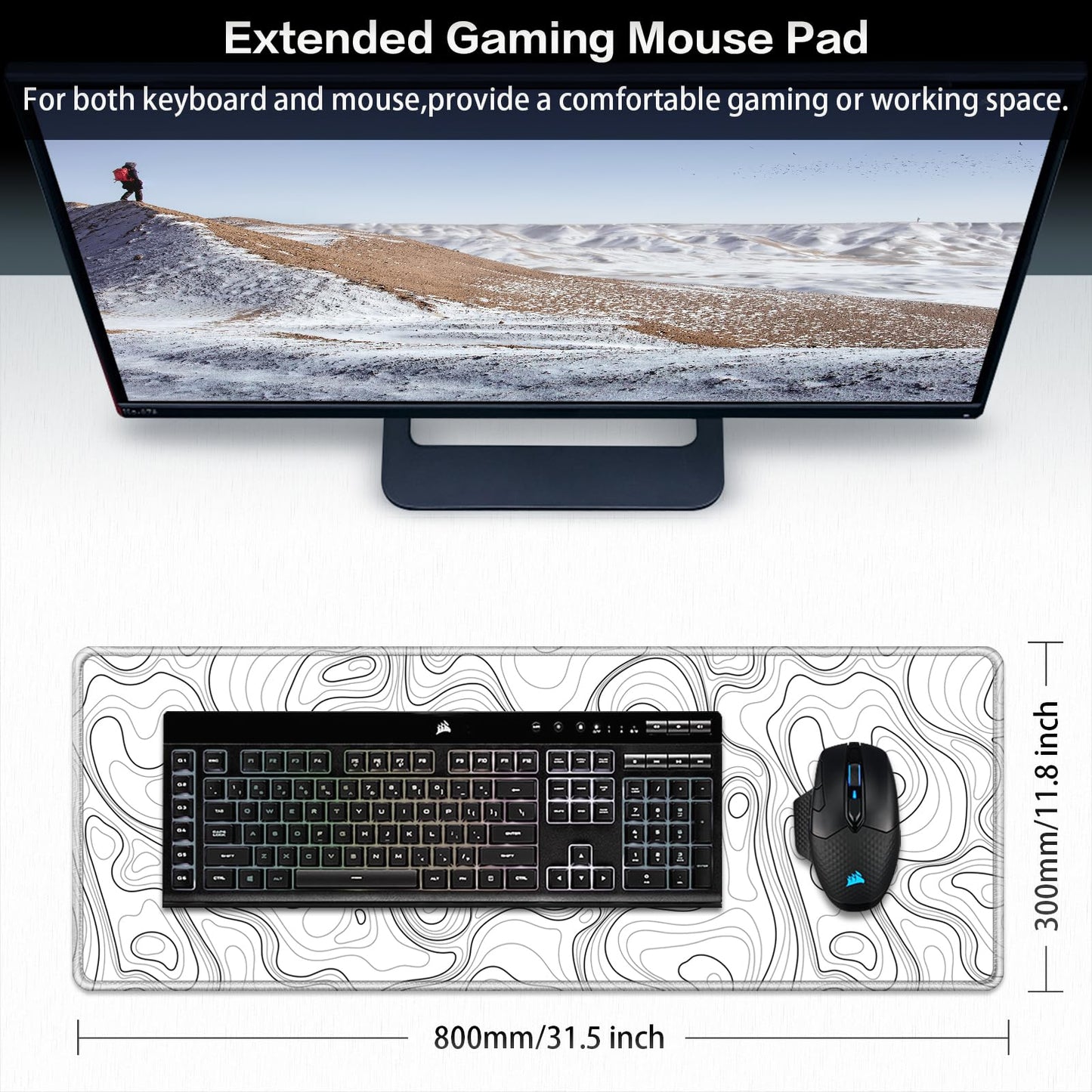 Canjoy Gaming Mouse Pad, Topographic Contour Mouse Pad 31.5x11.8inch Large Extended Computer Mouse Mat Keyboard Full Desk Mousepad for Gaming, Office, Home