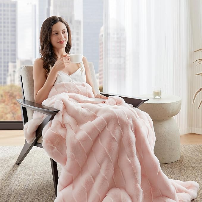 Madison Park Luxuriously Cozy Soft Long Faux Fur Basketweave Blanket, Reversible Soft & Snuggly Velvet Throw, Lightweight, Breathable, All Season, Trendy Room Décor, 50x60, Pink