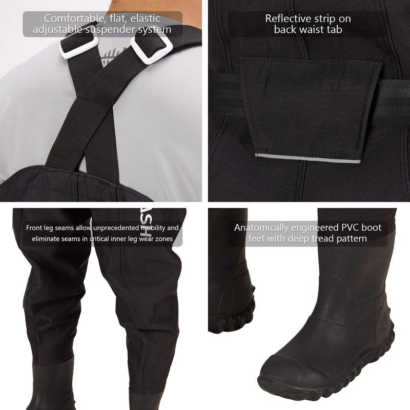 BASSDASH 3D Boot Foot Game Wader Ultra High Strength Black Plaid Nylon PVC Fishing Hunting Chest Waders for Men