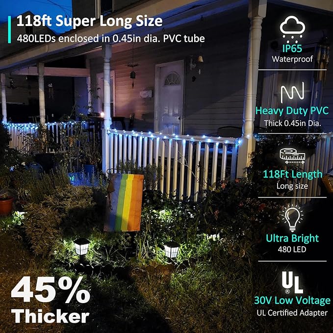 118 FT 480 LED Rope Lights for Outside, 0.45IN Dia. Rope Light Plug in Waterproof Outdoor String Lights for Garden, Tree, RV, Patio, Holiday Decoration, Party (Cool White)