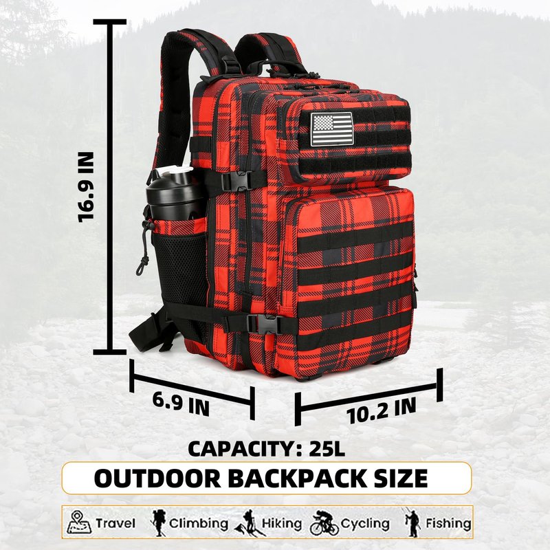 Lovelinks21 25L Tactical Backpack for Men and Women Military Backpack Small Assault Pack Molle Backpack Bug Out Bag Travel Rucksack Daypack (Red Plaid)