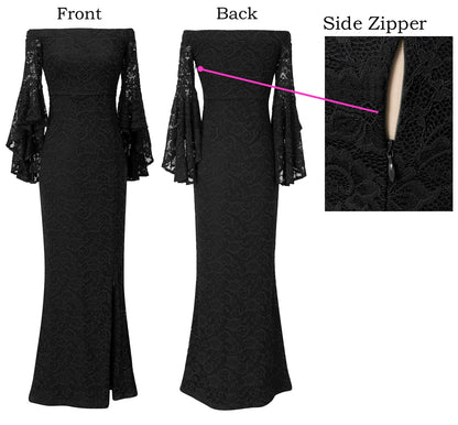 VFSHOW Womens Floral Lace Off Shoulder Bell Sleeve Formal Party Maxi Dress 1810 BLK XL