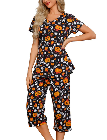 ENJOYNIGHT Womens Pajama Sets Cotton Pj Set Short Sleeve Top With Capri Pants Sleepwear 2 Piece Lounge Set (Small,Black Pumpkin)