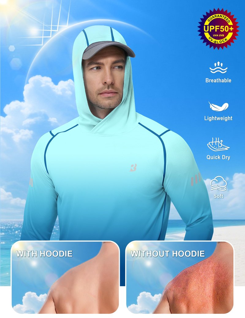 Roadbox Mens UPF 50+ Sun Protection Hoodie, UV Long Sleeve Fishing Shirts, Lightweight Swim Rash Guard for Outdoor Hiking