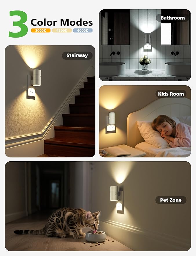 Night Lights Plug Into Wall,3 Color Temperatures LED Night Light Plug in,Dusk to Dawn Sensor,0-100LM Adjustable Brightness,Dimmable Night Lights for Hallway Bathroom Stair Bedroom,White,6 Pack