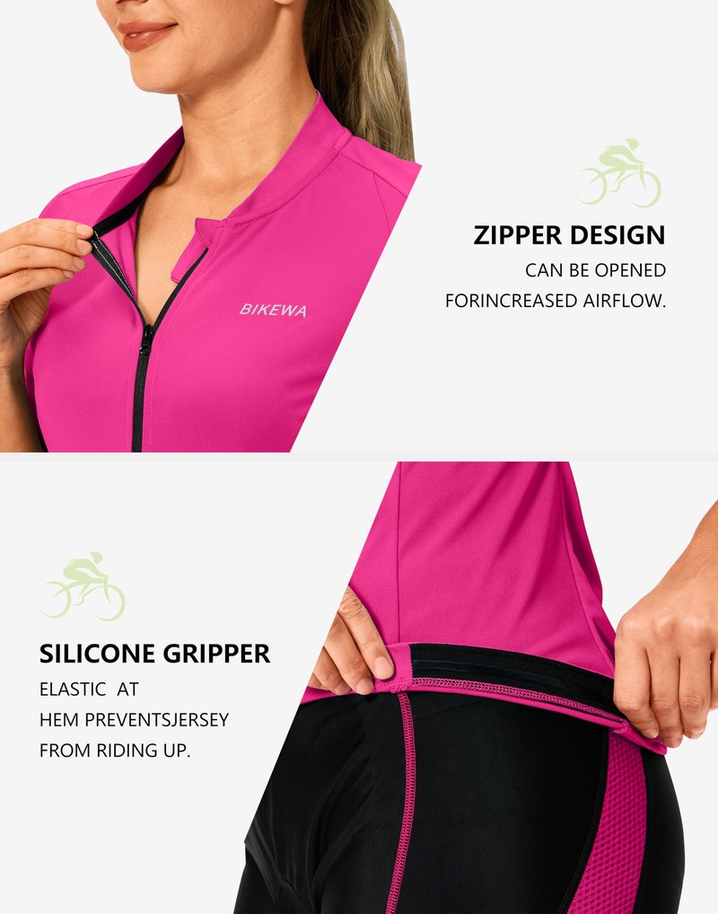 Bikewa Women's Cycling Jersey Short Sleeve Bike Shirts Full Zipper Bicycle Biking Tops with Rear 3+1 Pockets Road Mountain Riding(Rosy,XL)