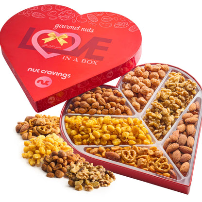 NUT CRAVINGS - Valentines Day Mixed Nuts Heart Shaped Gift Basket, Love in A Box (6 Assortments) Romantic Food Arrangement, Healthy Snack Care Package, Food Assortments