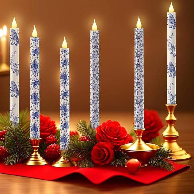 Baquler 6 Pcs Chinoiserie Bird Floral Flameless Candles 10.6 Inch Christmas Blue and White Battery Operated Led Candlesticks Chinoiserie Decor for Christmas Centerpiece Xmas Party Decor Holiday Gifts