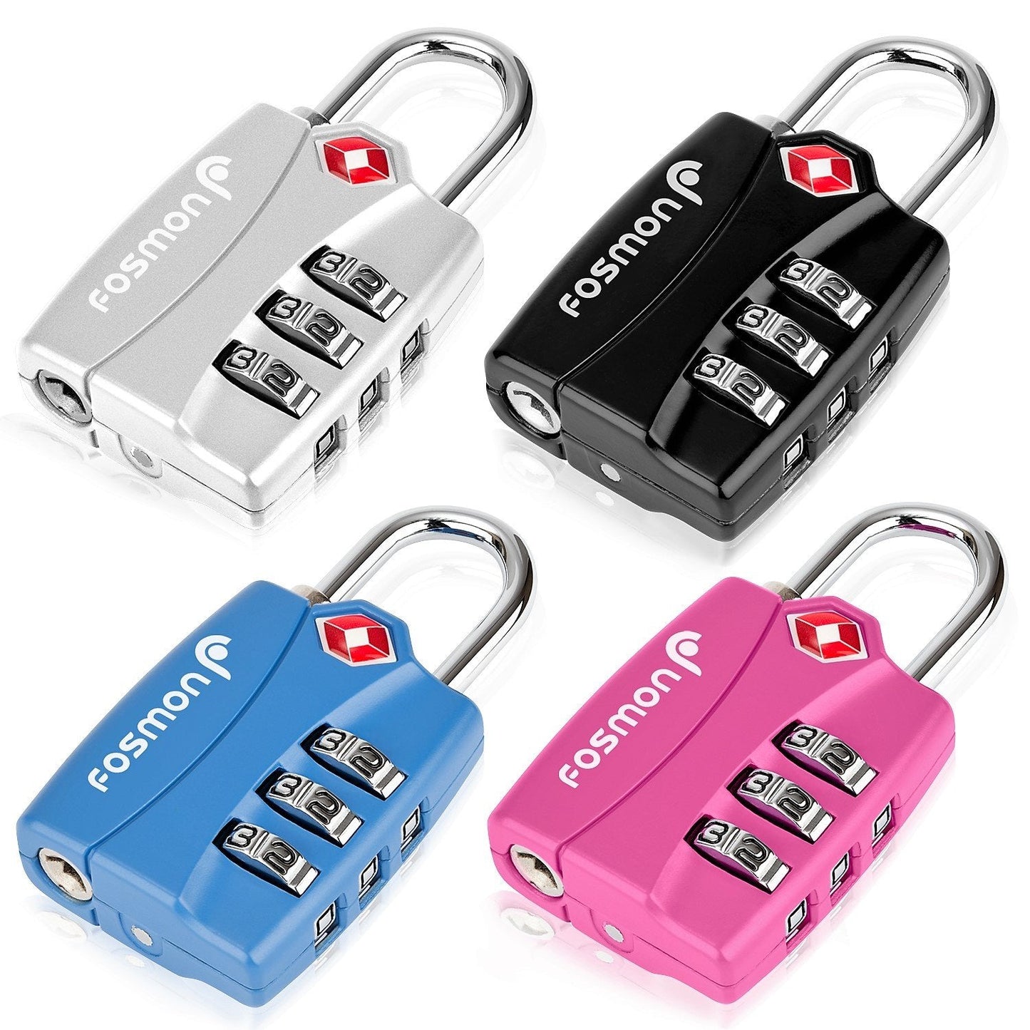 Fosmon TSA Approved Locks for Luggage. Suitcase Locks with Open Alert Indicator, 3 Digit Combination Padlock with Alloy Body for Travel, Backpack Zipper Anti Theft, Locker, Gym, Gun Case, Tent- 4 Pack