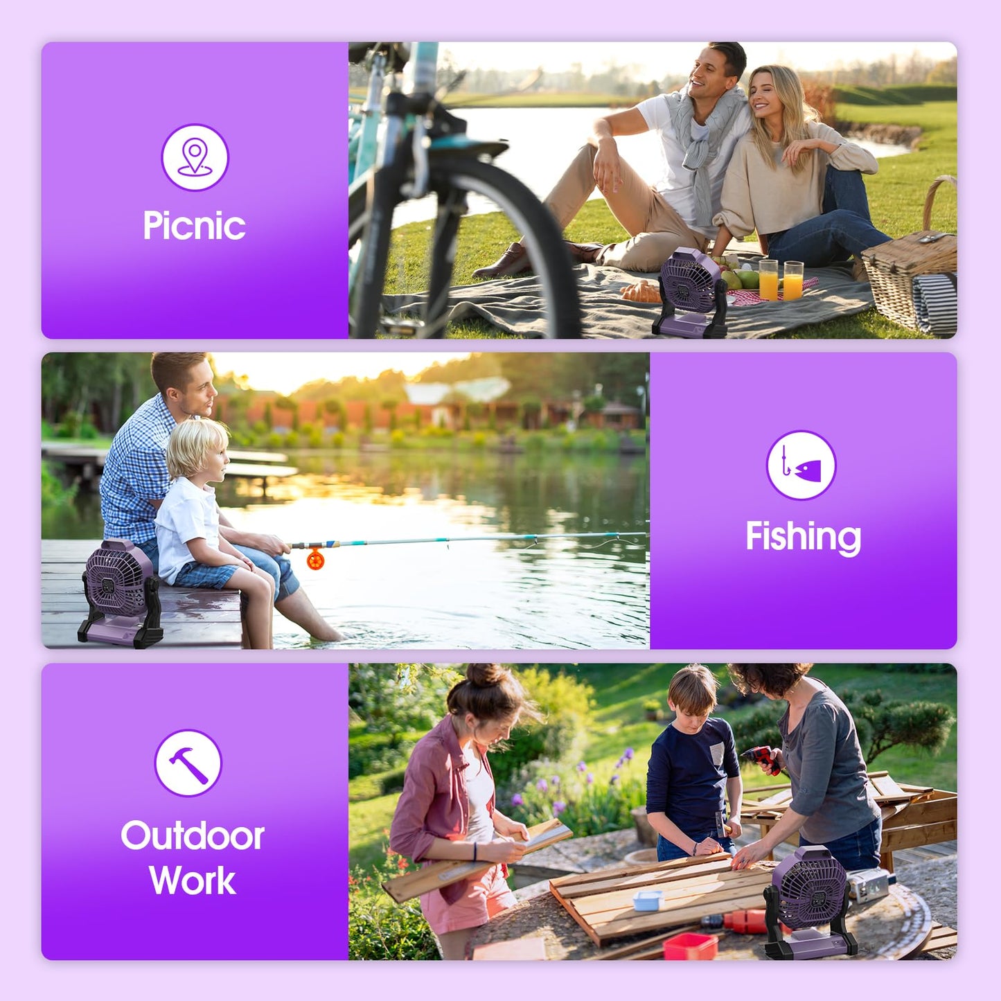 JINLICTE Camping Fan with LED Lantern, 20000 mAh 9 Inch Portable Rechargeable Battery Powered Fan with Stepless Speed and Quiet Battery Operated for Tent, Picnic, Barbecue, Fishing, Travel, Home