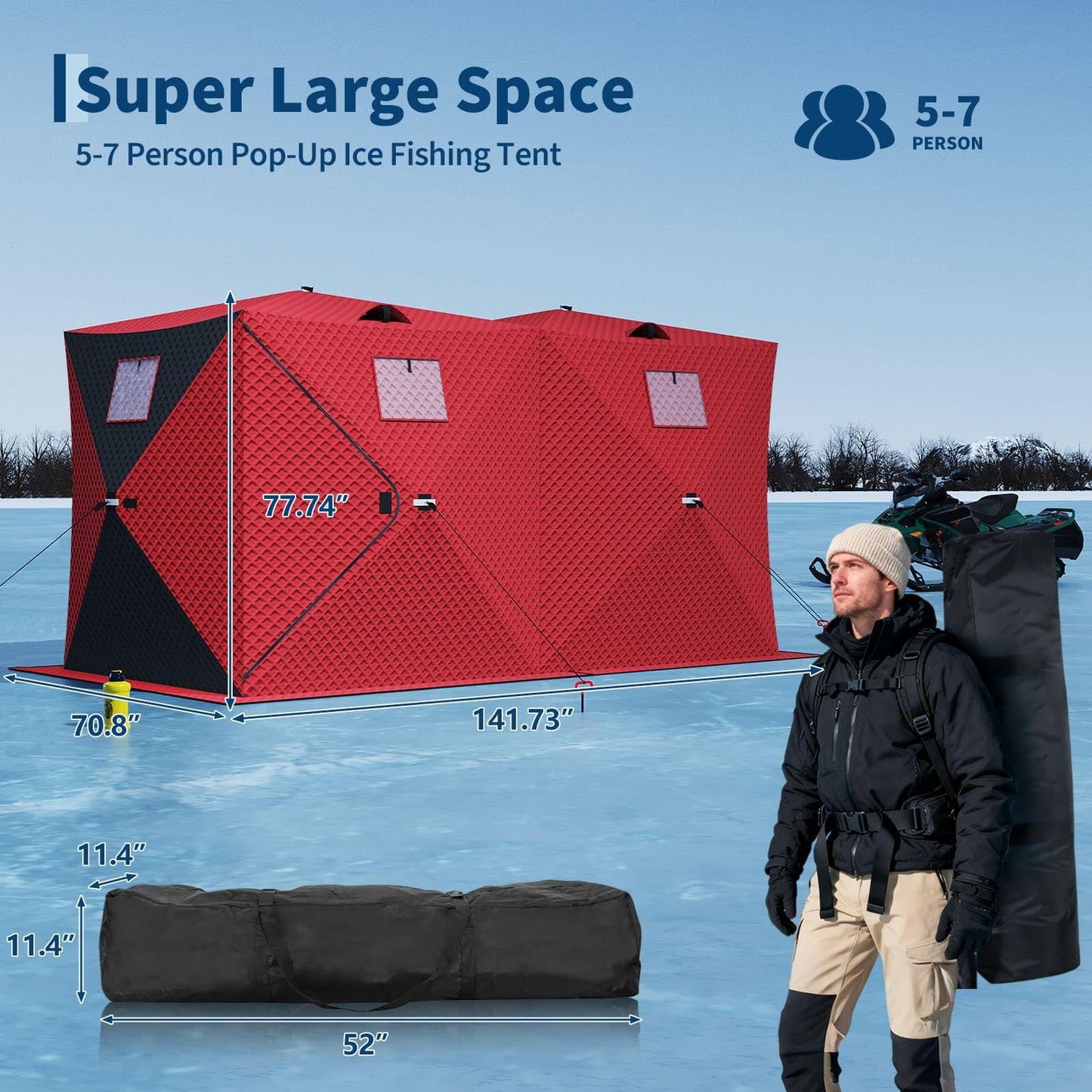 Garvee Pop Up Ice Fishing Shelter and Insulated Ice Fishing Tent with 49ft LED Light Strip, Windproof Portable Hub Design, Fits 3-4 People, 35 sq ft Fishable Area, Red+Black