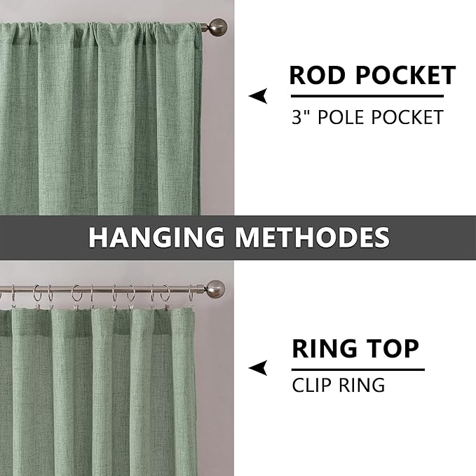 Tollpiz Short Linen Curtain Living Room Rod Pocket Semi Sheer Curtains Burlap Light Filtering Thick Linen Drape for Bedroom, 54 x 45 inches Long, Sage Green, Set of 2 Panels