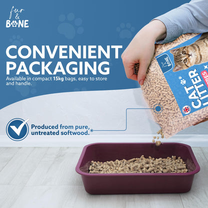 Fur & Bone 1 x 30L Cat Litter - Ultra Absorbent Biodegradable Wooden Pellets, Natural Scent, Odour Control, Soft Bedding for Comfort, Made from Virgin Wood - Scandinavian Timber Aroma