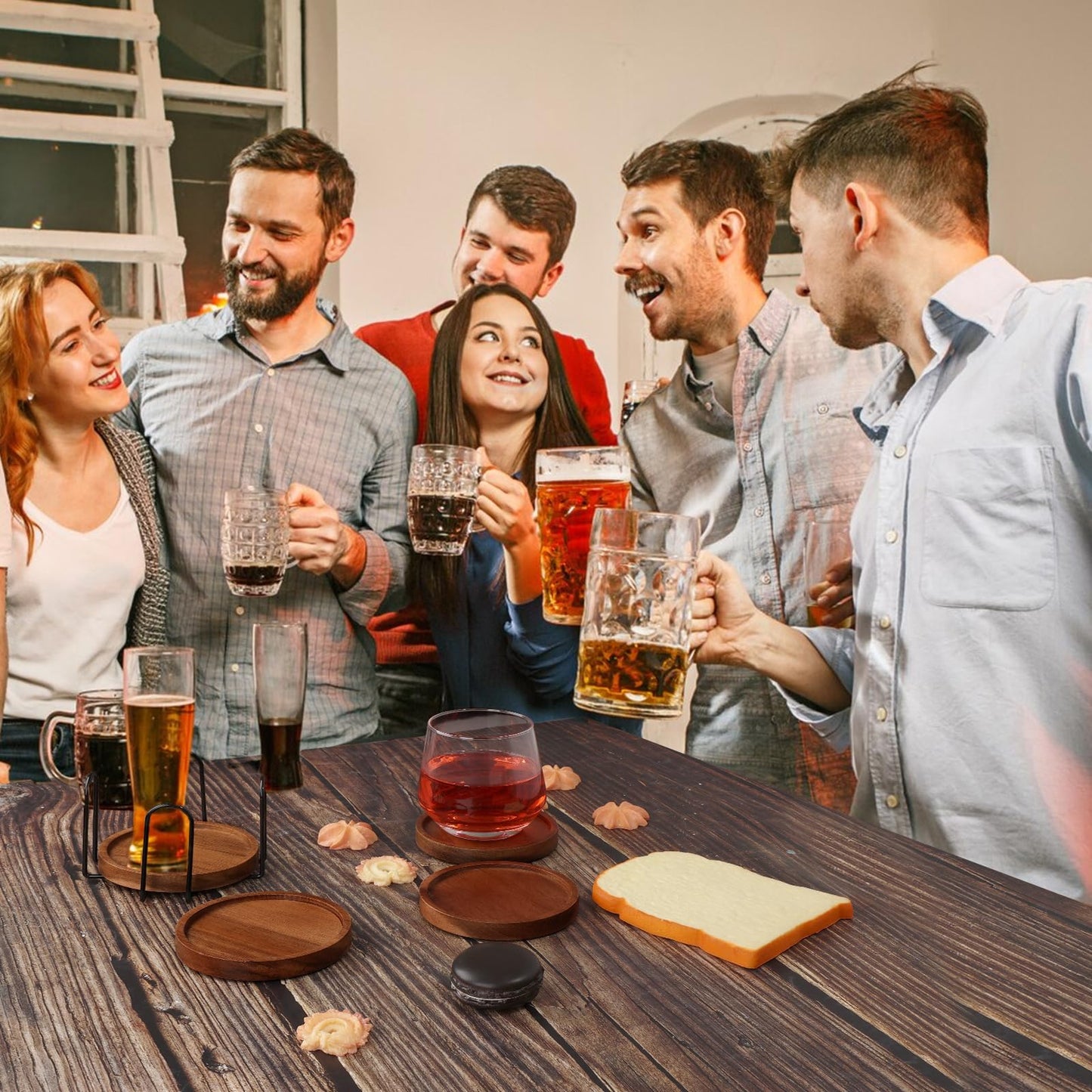 4 Pcs Wood Coasters for Drinks Absorbent, Wooden Coasters with Holder, Drink Coasters for Coffee Table, Absorbent Coaster Set for Table Protection Drink Coasters for Farmhouse, Office, Bar