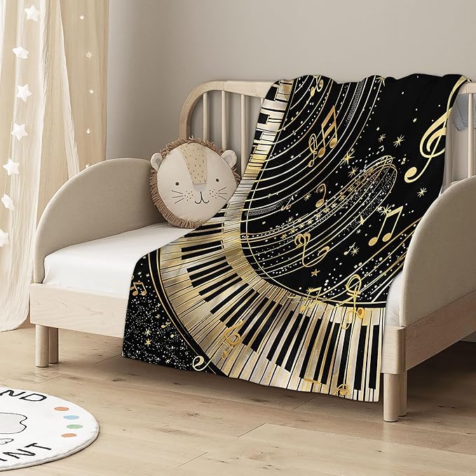 Piano Notes Throw Blanket, Black Gold Blanket Throw for Adults, Lightweight Soft Cozy Blanket for Couch Sofa Bed Room Decor 50x60 Inches