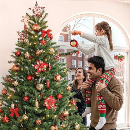 Alupssuc 128pcs Christmas Balls Ornaments Set, Shatterproof Plastic Baubles Christmas Flowers and Tree Topper for Xmas Tree Holiday Wedding Party Decorations with Hanging Strings, Red and Gold