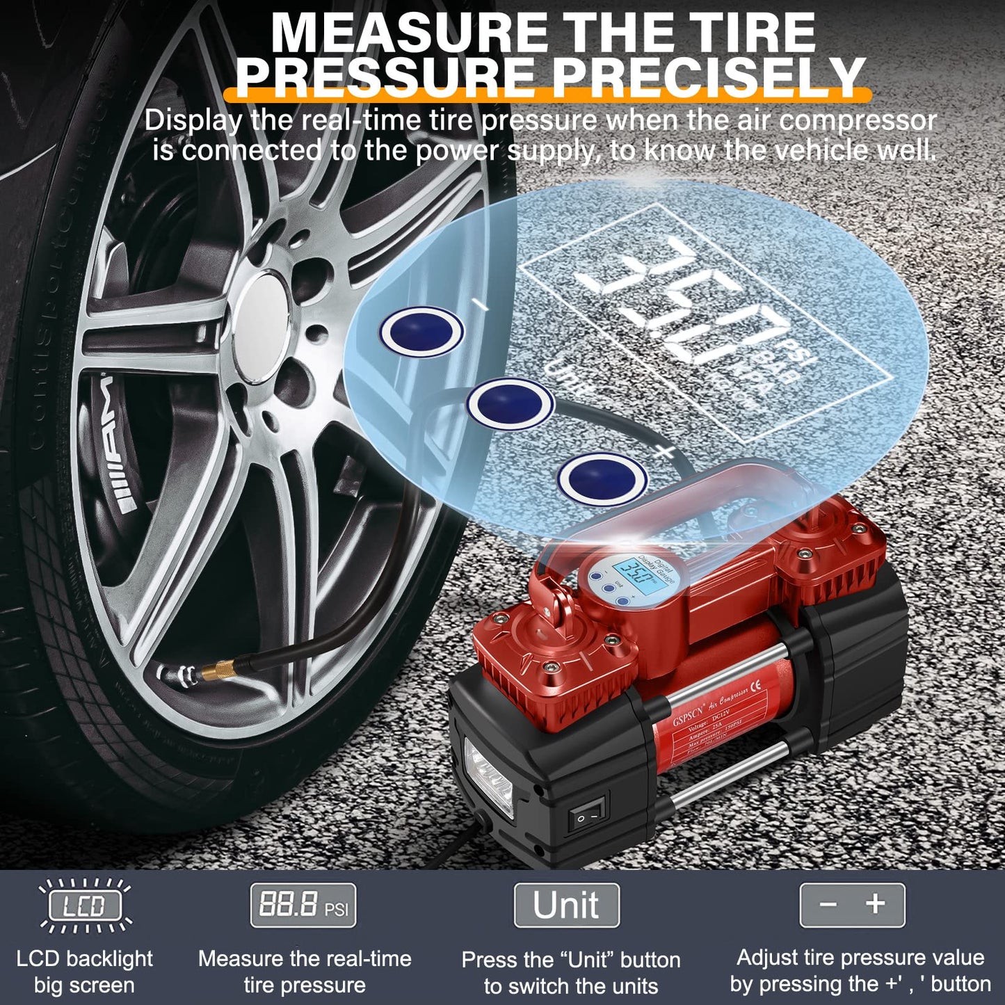 GSPSCN Portable Digital Car Tire Inflator with Gauge 150Psi Auto Shut-Off, Heavy Duty Double Cylinders 12V Air Compressor Pump with LED Light for Auto,Truck,Car,Bicycles,RV,SUV,Balls etc. (RED)